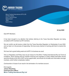 Mirror Trading International response to TSSB